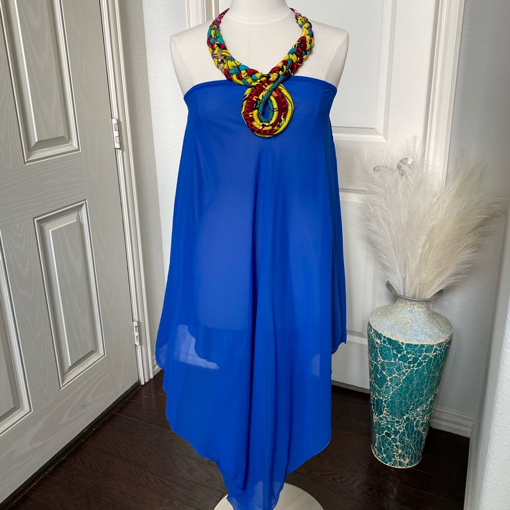 Kente fabric Blue statement neck swimsuit cover…
